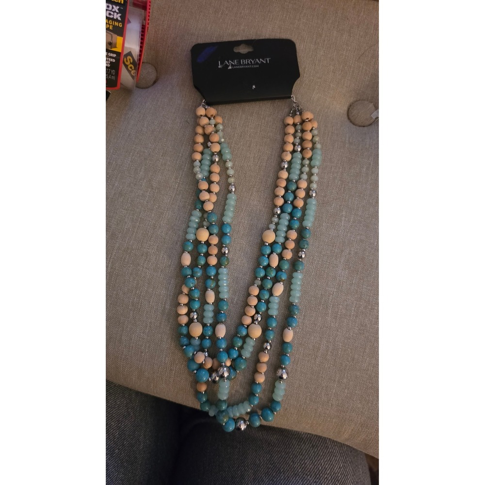 NWT Retail $34.95 Lane Bryant Beaded Multi Strand Necklace Turquoise Wood Silver